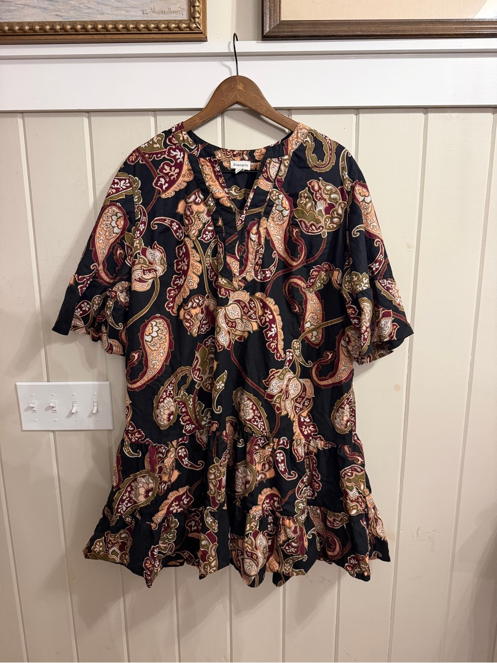 Scenario Black w/ Multicol. Paisley Ruffle-Hem 1/2 Sleeve Dress, Size XXL, NWOT